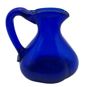 Vintage Hand Blown Studio Art Glass Cobalt Blue Miniature Pitcher With Handle
